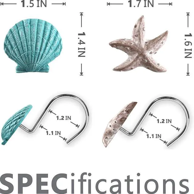 Alt view image 4 of 7 - Seashell Sea Turtle Starfish Conch Decorative Shower Curtain Hooks, 12Pcs | Nautical Ocean Beach Coastal Decorative Stainless Steel Hanger for Tropical Bathroom Beach House Kids & Guest Room Decor