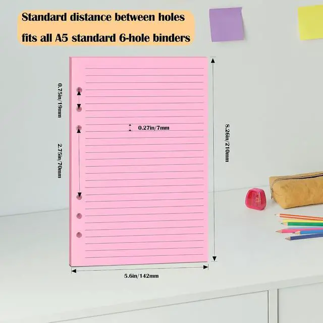 Alt view image 2 of 5 - A5 Colorful Lined Filler Paper, 6-Hole Punched | 120GSM Loose-Leaf Paper and Planner Inserts for Notebooks, Journals, and Study Notes,50 Sheets/100 Pages