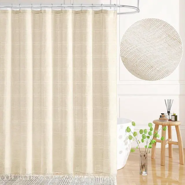 Alt view image 2 of 7 - Small Stall Linen Farmhouse Shower Curtain with Tassel, Modern Boho French Country Chic Bathroom Shower Curtain Set with PEVA Liner, Cotton Hollow Fabric Shower Curtain 36x72 - Beige/Cream