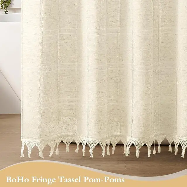 Alt view image 5 of 7 - Small Stall Linen Farmhouse Shower Curtain with Tassel, Modern Boho French Country Chic Bathroom Shower Curtain Set with PEVA Liner, Cotton Hollow Fabric Shower Curtain 36x72 - Beige/Cream