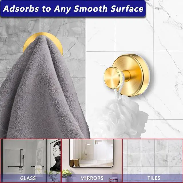 Alt view image 4 of 7 - Upgraded Suction Cup Hooks ,Wreath Hooks Hanger for Front Door,Gold 2 Pcs | Removable,No Drill,Waterproof,Hang Towel Loofah,Strong Suction 15 lbs Metal Hook for Inside Shower Bathroom Wall Glass Door