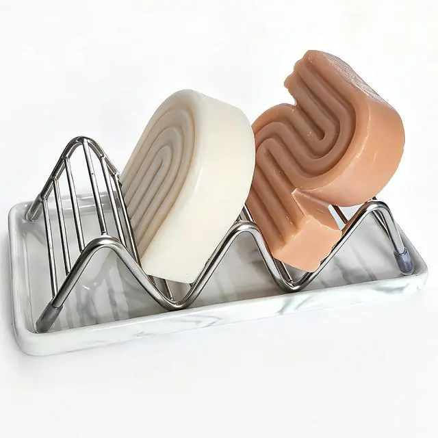 Main image of Ceramic Soap Dish, Shower Bar Soap Holder, Soap Dish Tray | Stainless Steel Self Draining Bar Soap Dish Holder W Style Soap Saver for Bathroom, Sink, Kitchen and Countertop, Gray
