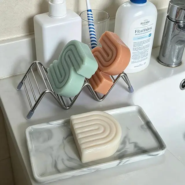 Alt view image 2 of 7 - Ceramic Soap Dish, Shower Bar Soap Holder, Soap Dish Tray | Stainless Steel Self Draining Bar Soap Dish Holder W Style Soap Saver for Bathroom, Sink, Kitchen and Countertop, Gray