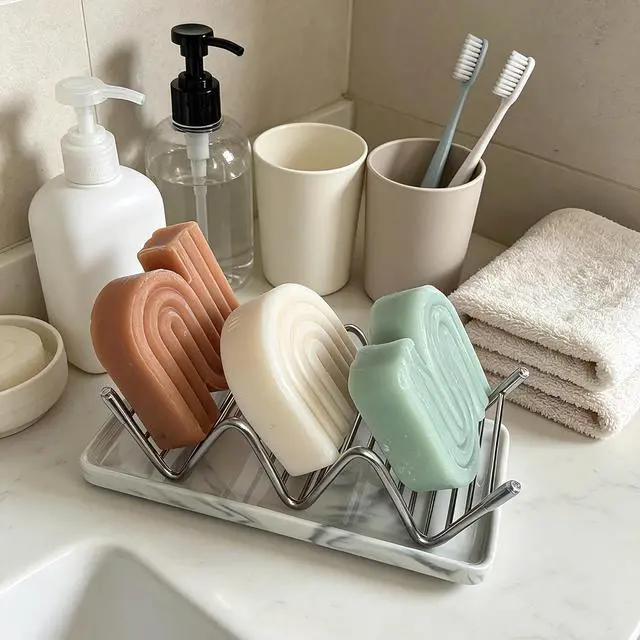 Alt view image 3 of 7 - Ceramic Soap Dish, Shower Bar Soap Holder, Soap Dish Tray | Stainless Steel Self Draining Bar Soap Dish Holder W Style Soap Saver for Bathroom, Sink, Kitchen and Countertop, Gray