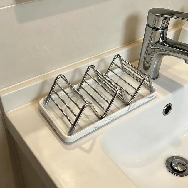 Alt view image 5 of 7 - Ceramic Soap Dish, Shower Bar Soap Holder, Soap Dish Tray | Stainless Steel Self Draining Bar Soap Dish Holder W Style Soap Saver for Bathroom, Sink, Kitchen and Countertop, Gray