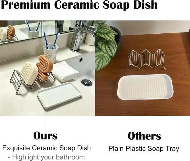 Alt view image 6 of 7 - Ceramic Soap Dish, Shower Bar Soap Holder, Soap Dish Tray | Stainless Steel Self Draining Bar Soap Dish Holder W Style Soap Saver for Bathroom, Sink, Kitchen and Countertop, Gray