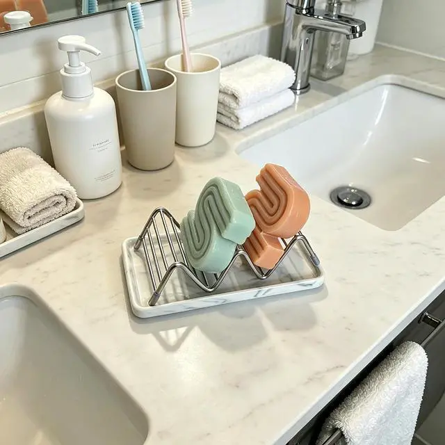 Alt view image 7 of 7 - Ceramic Soap Dish, Shower Bar Soap Holder, Soap Dish Tray | Stainless Steel Self Draining Bar Soap Dish Holder W Style Soap Saver for Bathroom, Sink, Kitchen and Countertop, Gray