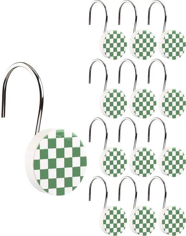 Main image of Yalikop Rustic Checkered Shower Curtain Hooks Set of 12 Retro Sage Green and White Round Shower Curtain Rings Modern Decorative Hanger Rings with Metal Hooks for Bathroom Rod and Liner