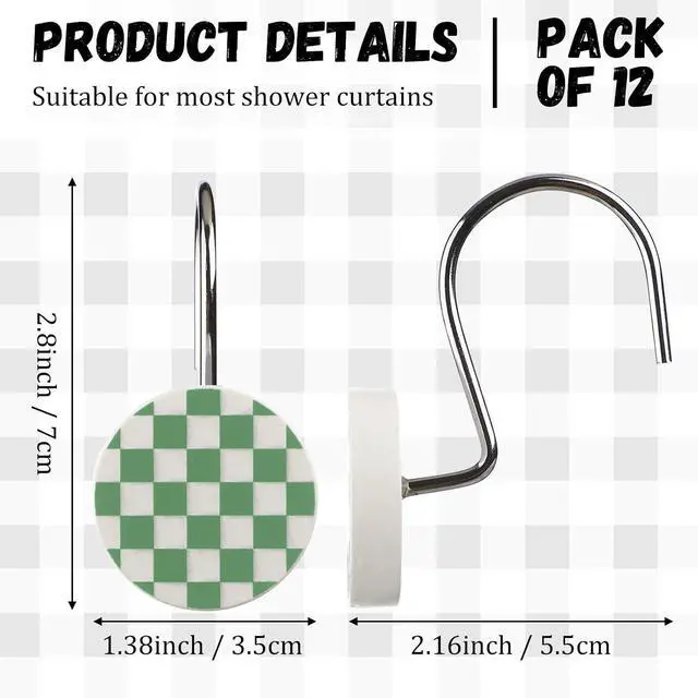 Alt view image 2 of 7 - Yalikop Rustic Checkered Shower Curtain Hooks Set of 12 Retro Sage Green and White Round Shower Curtain Rings Modern Decorative Hanger Rings with Metal Hooks for Bathroom Rod and Liner