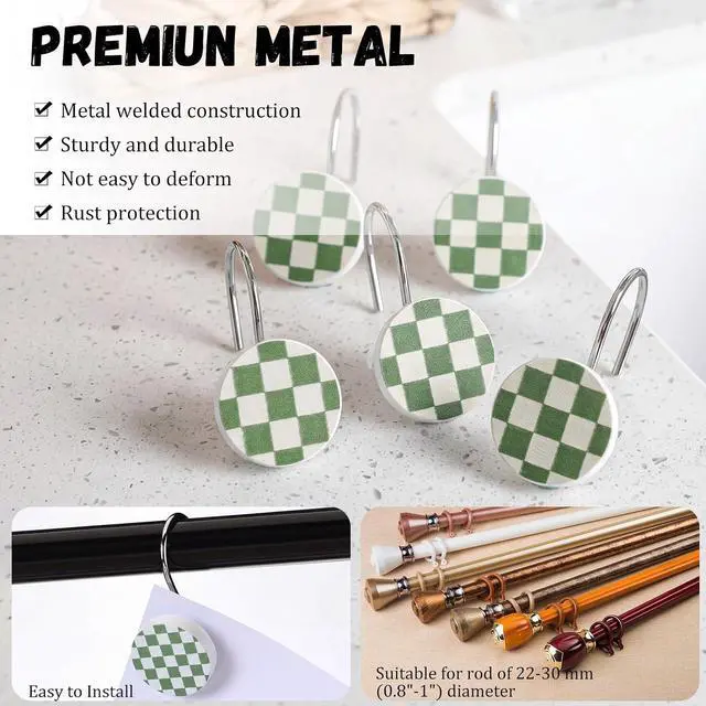 Alt view image 3 of 7 - Yalikop Rustic Checkered Shower Curtain Hooks Set of 12 Retro Sage Green and White Round Shower Curtain Rings Modern Decorative Hanger Rings with Metal Hooks for Bathroom Rod and Liner