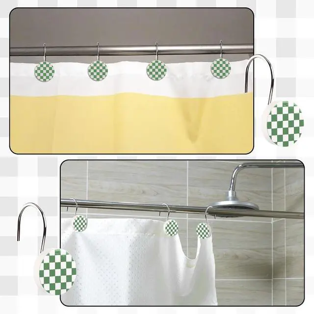 Alt view image 4 of 7 - Yalikop Rustic Checkered Shower Curtain Hooks Set of 12 Retro Sage Green and White Round Shower Curtain Rings Modern Decorative Hanger Rings with Metal Hooks for Bathroom Rod and Liner