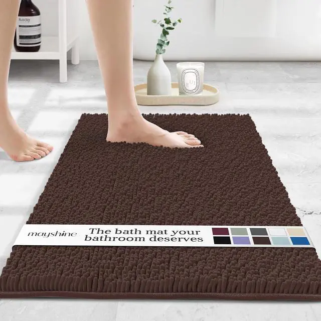 Main image of MAYSHINE Small Plush Shaggy Chenille Bath Mat 23"x14" Extra Soft, Super Absorbent, Non-Slip Bathroom Rug | Fluffy Microfiber, Area Rug Sets for Bathroom Floor, Kitchen, Living Room | Brown