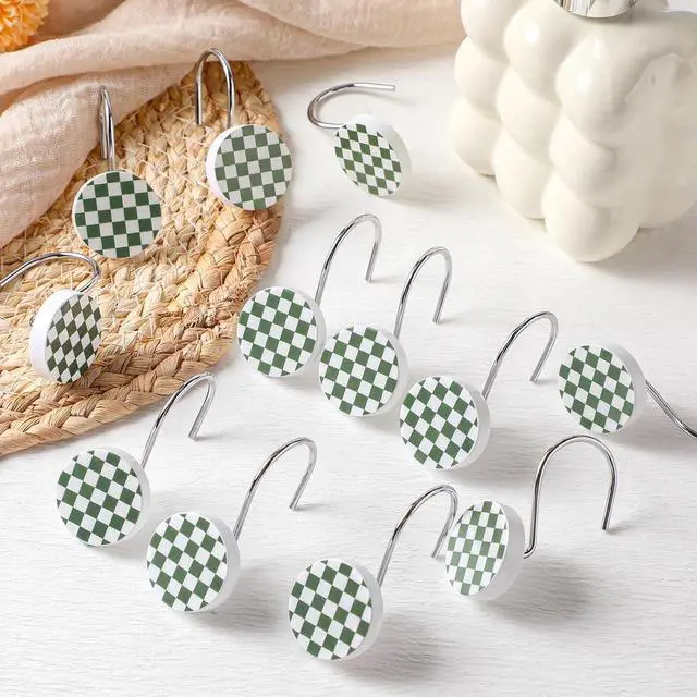 Alt view image 7 of 7 - Yalikop Rustic Checkered Shower Curtain Hooks Set of 12 Retro Sage Green and White Round Shower Curtain Rings Modern Decorative Hanger Rings with Metal Hooks for Bathroom Rod and Liner