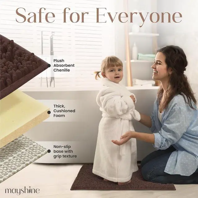 Alt view image 4 of 6 - MAYSHINE Small Plush Shaggy Chenille Bath Mat 23"x14" Extra Soft, Super Absorbent, Non-Slip Bathroom Rug | Fluffy Microfiber, Area Rug Sets for Bathroom Floor, Kitchen, Living Room | Brown