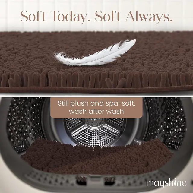 Alt view image 5 of 6 - MAYSHINE Small Plush Shaggy Chenille Bath Mat 23"x14" Extra Soft, Super Absorbent, Non-Slip Bathroom Rug | Fluffy Microfiber, Area Rug Sets for Bathroom Floor, Kitchen, Living Room | Brown