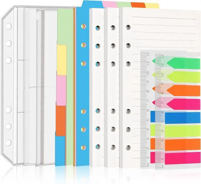 Main image of Antner A6 Refill Paper Planner Inserts for A6 6 Ring Notebook Binder, 135 Sheets Lined Filler Paper, 3 Binder Pockets & 10 Dividers & 160PCS Neon Sticky Tabs for Refillable Personal Planners Journals