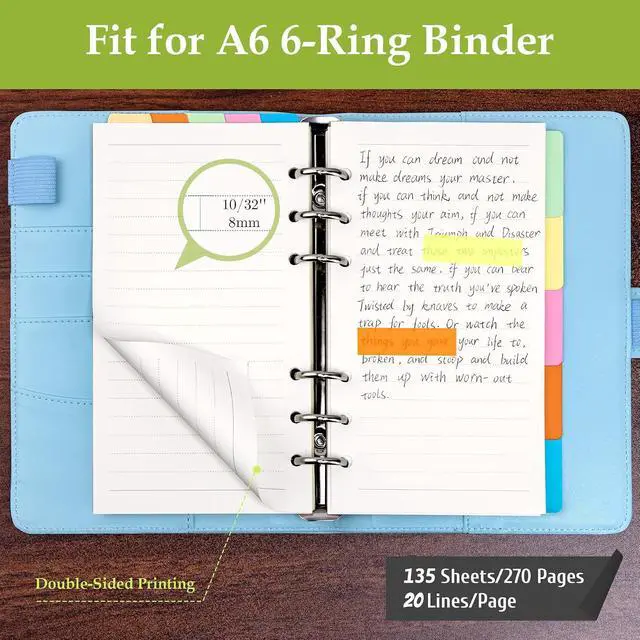 Alt view image 3 of 7 - Antner A6 Refill Paper Planner Inserts for A6 6 Ring Notebook Binder, 135 Sheets Lined Filler Paper, 3 Binder Pockets & 10 Dividers & 160PCS Neon Sticky Tabs for Refillable Personal Planners Journals
