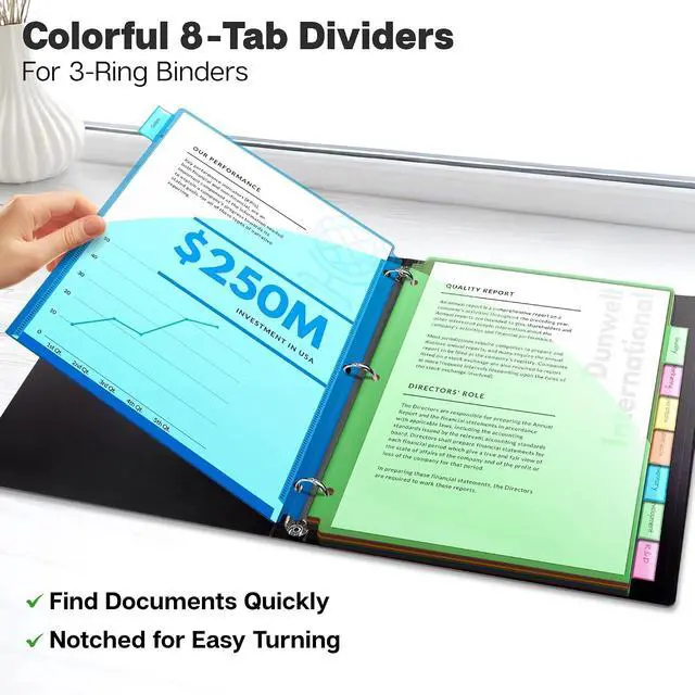 Alt view image 2 of 7 - Dunwell 8-Tab Binder Dividers with 2 Pockets for 3-Ring Binders | 8 Insertable Tabs, 2 Storage Pockets, Fits Standard 3-Ring Binders, Assorted Colors