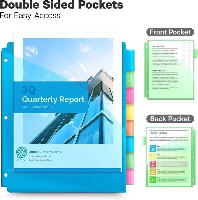 Alt view image 4 of 7 - Dunwell 8-Tab Binder Dividers with 2 Pockets for 3-Ring Binders | 8 Insertable Tabs, 2 Storage Pockets, Fits Standard 3-Ring Binders, Assorted Colors