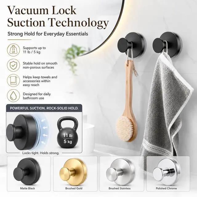 Alt view image 3 of 7 - Suction Cup Hooks Removable Shower Hooks, 4Pcs Metal Towel Hooks for Bathroom Window Glass Wall Door Can Hang Various Towels Bath Towels Keychains, Black Front Door Wreath Hangers, No-Drill Waterproof