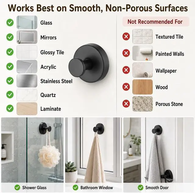 Alt view image 4 of 7 - Suction Cup Hooks Removable Shower Hooks, 4Pcs Metal Towel Hooks for Bathroom Window Glass Wall Door Can Hang Various Towels Bath Towels Keychains, Black Front Door Wreath Hangers, No-Drill Waterproof