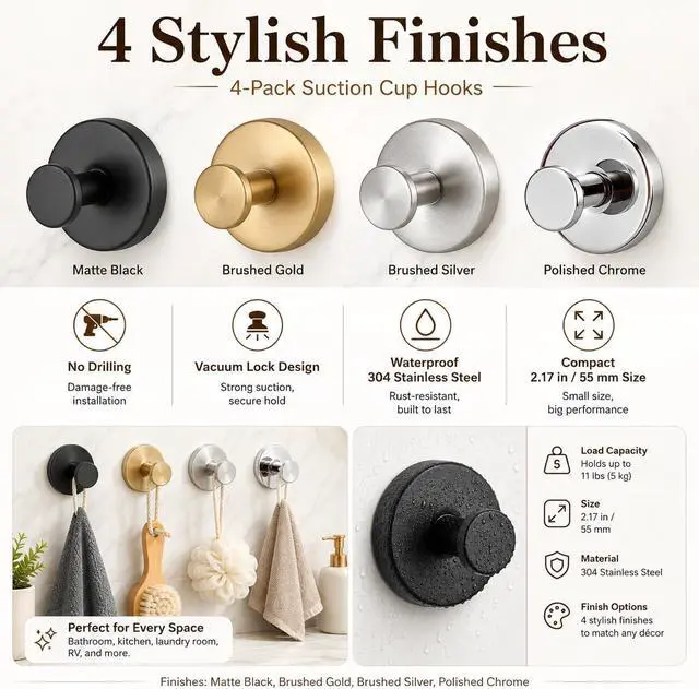 Alt view image 5 of 7 - Suction Cup Hooks Removable Shower Hooks, 4Pcs Metal Towel Hooks for Bathroom Window Glass Wall Door Can Hang Various Towels Bath Towels Keychains, Black Front Door Wreath Hangers, No-Drill Waterproof