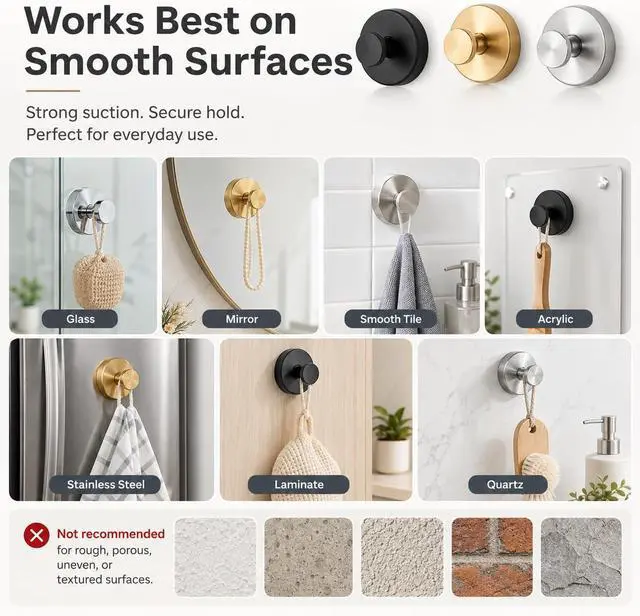 Alt view image 6 of 7 - Suction Cup Hooks Removable Shower Hooks, 4Pcs Metal Towel Hooks for Bathroom Window Glass Wall Door Can Hang Various Towels Bath Towels Keychains, Black Front Door Wreath Hangers, No-Drill Waterproof