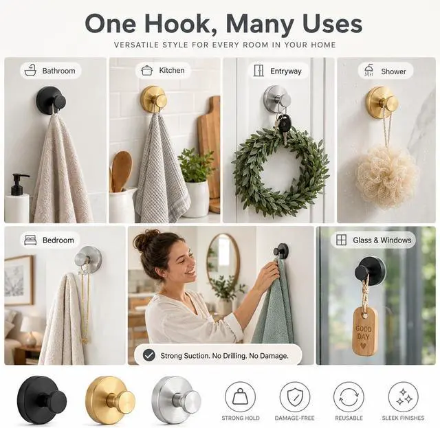 Alt view image 7 of 7 - Suction Cup Hooks Removable Shower Hooks, 4Pcs Metal Towel Hooks for Bathroom Window Glass Wall Door Can Hang Various Towels Bath Towels Keychains, Black Front Door Wreath Hangers, No-Drill Waterproof