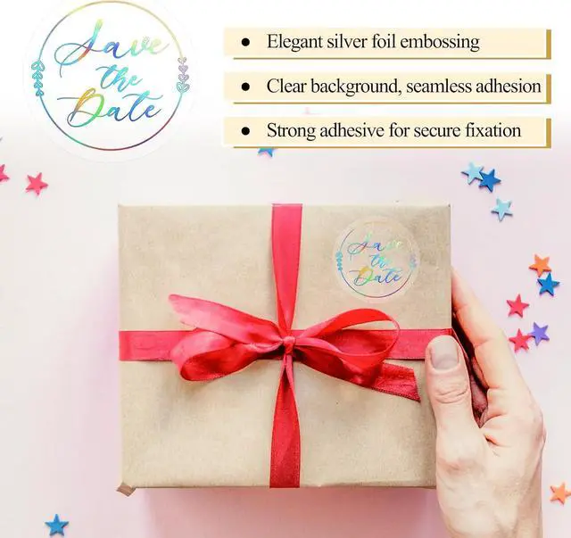 Alt view image 4 of 7 - 100 x Save The Date Envelope Seals, 1.6 Inch Laser Silver Wedding Stickers for Envelopes, Embossed Save The Date Envelope Stickers for Wedding Invitations, Business Branding, Party Favors Packaging