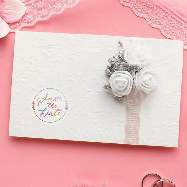 Alt view image 7 of 7 - 100 x Save The Date Envelope Seals, 1.6 Inch Laser Silver Wedding Stickers for Envelopes, Embossed Save The Date Envelope Stickers for Wedding Invitations, Business Branding, Party Favors Packaging