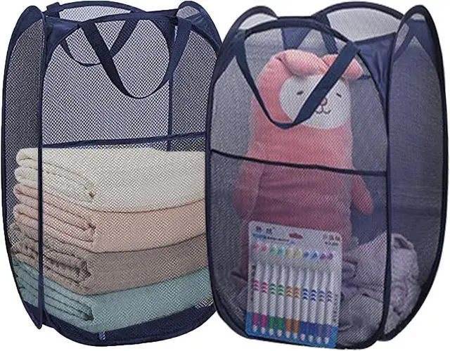 Main image of Foldable Clothes Basket Mesh Pop Up Laundry Hamper for Apartment, RV | 2Pack Collapsible Laundry Baskets Wide Opening, Large Side Pocket, Breathable, Space-Saving Blue Portable Storage Laundry Bag