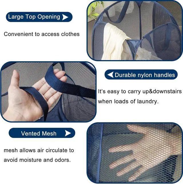 Alt view image 2 of 7 - Foldable Clothes Basket Mesh Pop Up Laundry Hamper for Apartment, RV | 2Pack Collapsible Laundry Baskets Wide Opening, Large Side Pocket, Breathable, Space-Saving Blue Portable Storage Laundry Bag