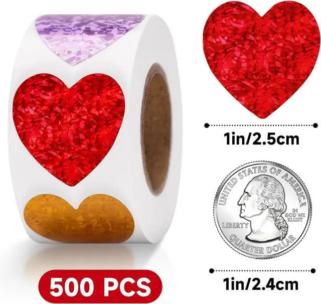 Alt view image 2 of 7 - Anwyll Heart Stickers - 500Pcs 1Inch Valentines Day Heart Stickers Holographic Colored Heart Shape Sticker for Reward Classroom Self Adhesive Love Incentive Sticker for Envelope Seal Birthday Wedding