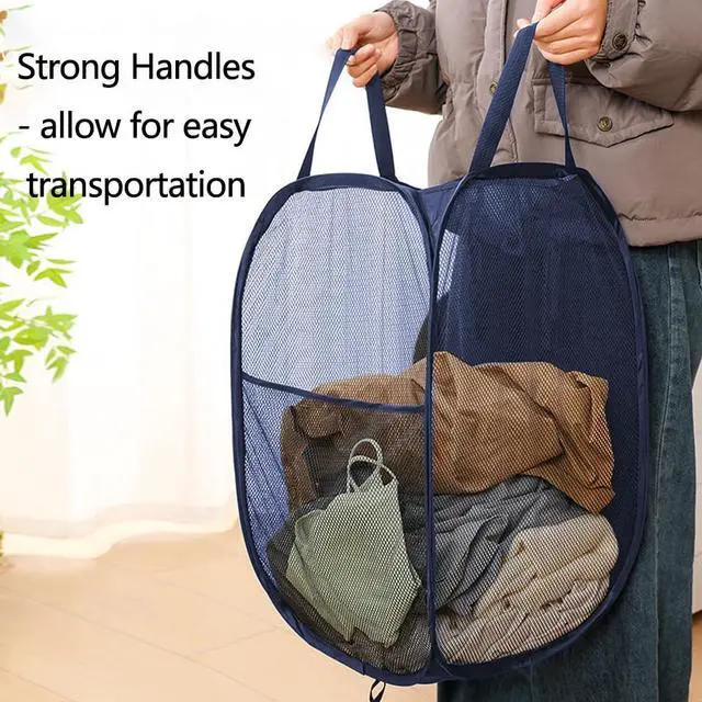 Alt view image 3 of 7 - Foldable Clothes Basket Mesh Pop Up Laundry Hamper for Apartment, RV | 2Pack Collapsible Laundry Baskets Wide Opening, Large Side Pocket, Breathable, Space-Saving Blue Portable Storage Laundry Bag