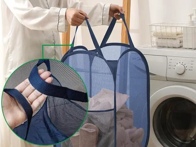 Alt view image 7 of 7 - Foldable Clothes Basket Mesh Pop Up Laundry Hamper for Apartment, RV | 2Pack Collapsible Laundry Baskets Wide Opening, Large Side Pocket, Breathable, Space-Saving Blue Portable Storage Laundry Bag