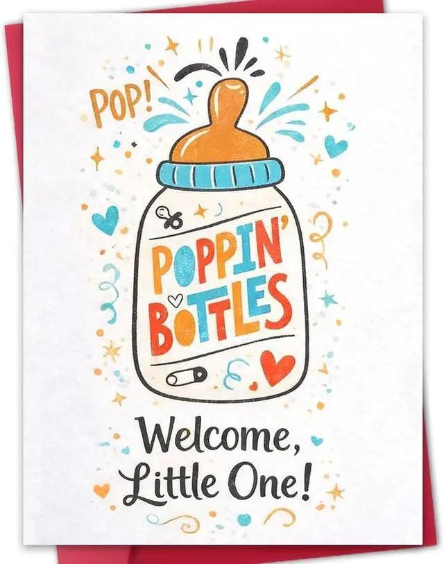 Main image of New Baby Card, Baby Shower Card, Welcome Baby Card, Congratulations Card for New Parents, Welcome Little One Card, Blank Inside, with Red Envelope and Gold Seal Sticker