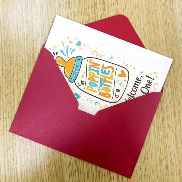Alt view image 5 of 6 - New Baby Card, Baby Shower Card, Welcome Baby Card, Congratulations Card for New Parents, Welcome Little One Card, Blank Inside, with Red Envelope and Gold Seal Sticker