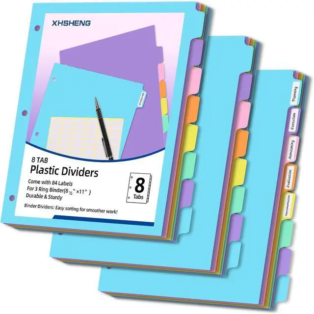 Main image of 3 Ring Binder Dividers with TAB,24PCS/3 Set Plastic File Dividers,8 Tab 3 Hole Punch Dividers,Pastel Color,Letter Size,3 Sets