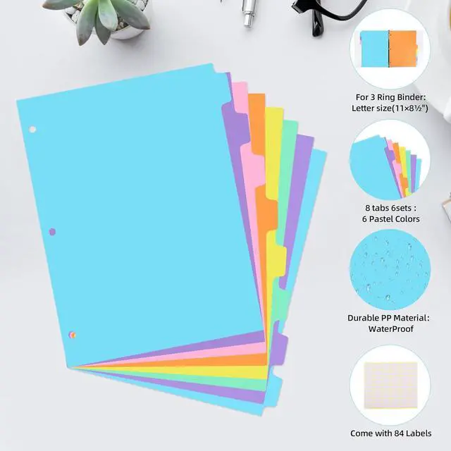 Alt view image 5 of 7 - 3 Ring Binder Dividers with TAB,24PCS/3 Set Plastic File Dividers,8 Tab 3 Hole Punch Dividers,Pastel Color,Letter Size,3 Sets