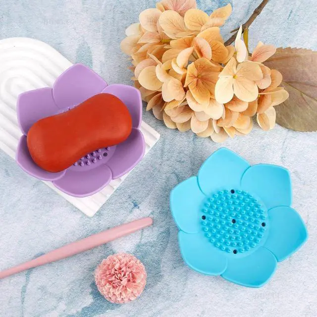 Alt view image 6 of 7 - AUEAR, 4 Pack Lotus Flower Shape Silicone Soap Dish Holder Stand for Bar