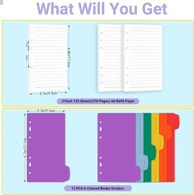 Alt view image 2 of 7 - Antner A6 Lined Refill Paper 6-Hole Planner Inserts for A6 6-Ring Refillable Notebook Binder, 135 Sheets/270 Pages Wide Ruled Loose Leaf Filler Paper with 12 PCS Binder Dividers for Journal Notes