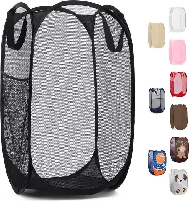 Main image of Handy Laundry Collapsible Mesh Pop-Up Hamper with Side Pocket | Breathable mesh keeps clothes fresh; sturdy foldable build saves space. Wide opening makes loading easy. Available in black.