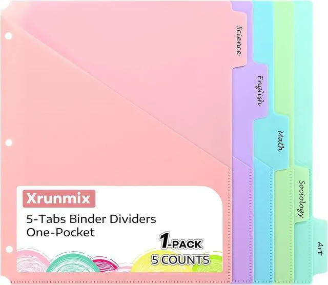 Main image of 5 Tabs Dividers with Pockets for 3 Ring Binder, 5 Count Binder Dividers for US Letter Size, Tabbed Dividers for School, Office, and Home Organization, 5 Pastel Colors (1)