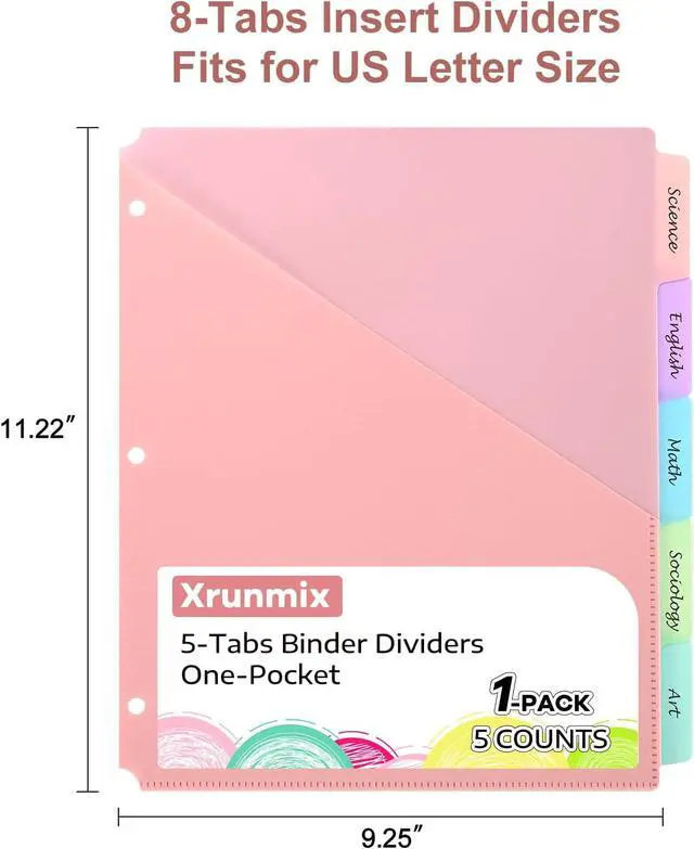 Alt view image 2 of 7 - 5 Tabs Dividers with Pockets for 3 Ring Binder, 5 Count Binder Dividers for US Letter Size, Tabbed Dividers for School, Office, and Home Organization, 5 Pastel Colors (1)