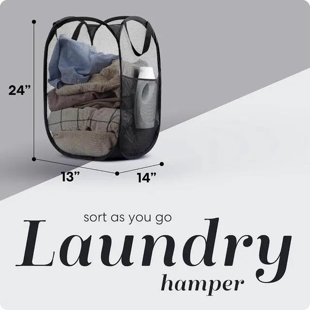 Alt view image 2 of 7 - Handy Laundry Collapsible Mesh Pop-Up Hamper with Side Pocket | Breathable mesh keeps clothes fresh; sturdy foldable build saves space. Wide opening makes loading easy. Available in black.