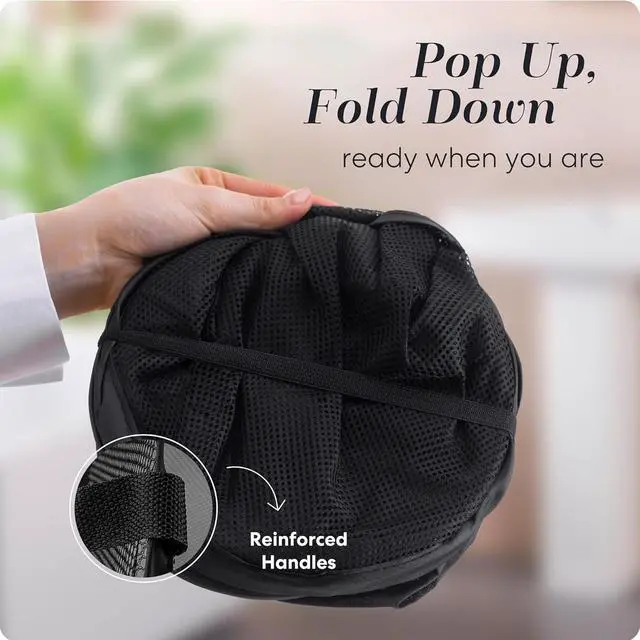 Alt view image 3 of 7 - Handy Laundry Collapsible Mesh Pop-Up Hamper with Side Pocket | Breathable mesh keeps clothes fresh; sturdy foldable build saves space. Wide opening makes loading easy. Available in black.