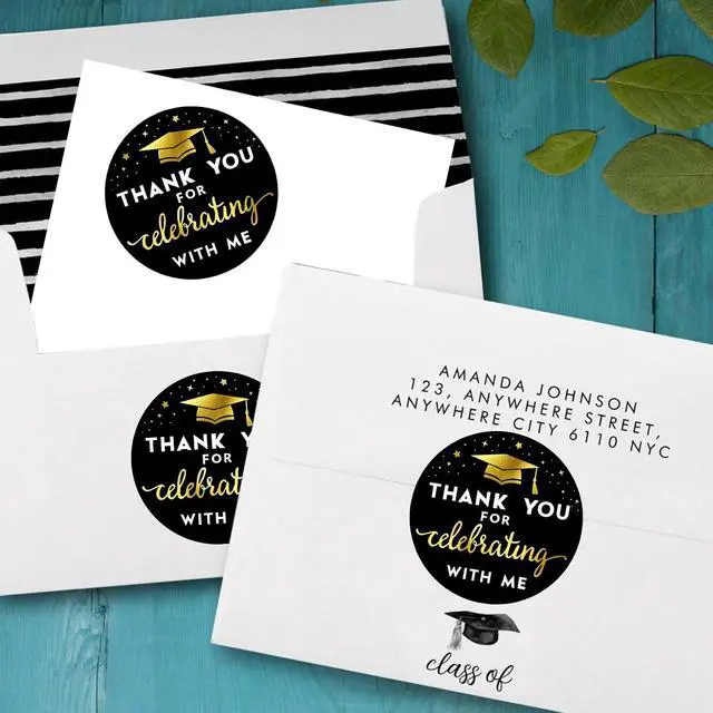 Alt view image 7 of 7 - Thank You for Celebrating with Me Stickers Graduation Stickers | 2 Inch Metallic Gold Graduation Party Favor Sticker 120PCS Thank You Sticker for Envelope Seals Card
