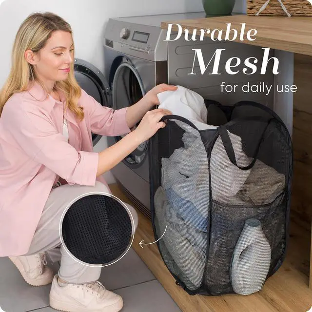 Alt view image 5 of 7 - Handy Laundry Collapsible Mesh Pop-Up Hamper with Side Pocket | Breathable mesh keeps clothes fresh; sturdy foldable build saves space. Wide opening makes loading easy. Available in black.