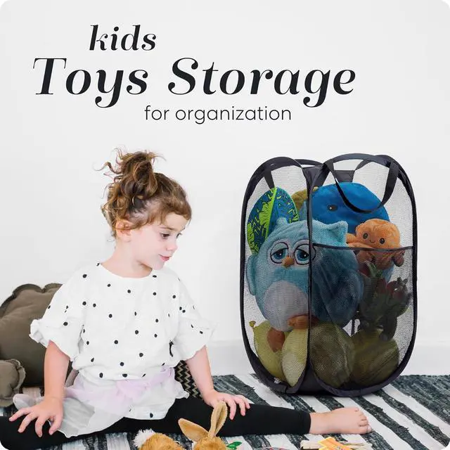 Alt view image 6 of 7 - Handy Laundry Collapsible Mesh Pop-Up Hamper with Side Pocket | Breathable mesh keeps clothes fresh; sturdy foldable build saves space. Wide opening makes loading easy. Available in black.