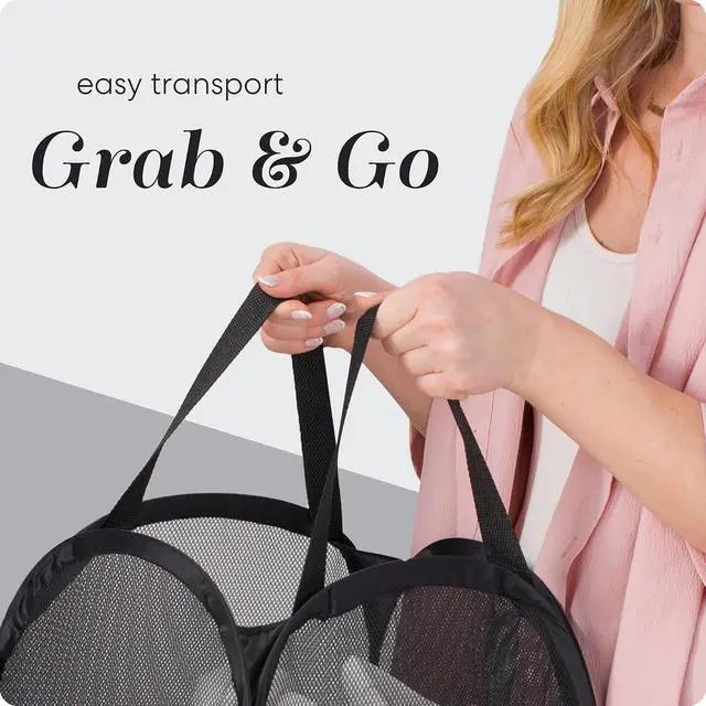 Alt view image 7 of 7 - Handy Laundry Collapsible Mesh Pop-Up Hamper with Side Pocket | Breathable mesh keeps clothes fresh; sturdy foldable build saves space. Wide opening makes loading easy. Available in black.